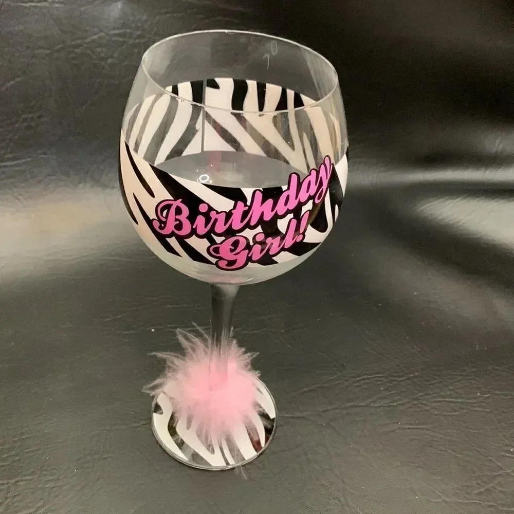 Minx Collector’s Birthday Girl Wine Glass 13 Oz Black White Pink Fur Wrap Stem